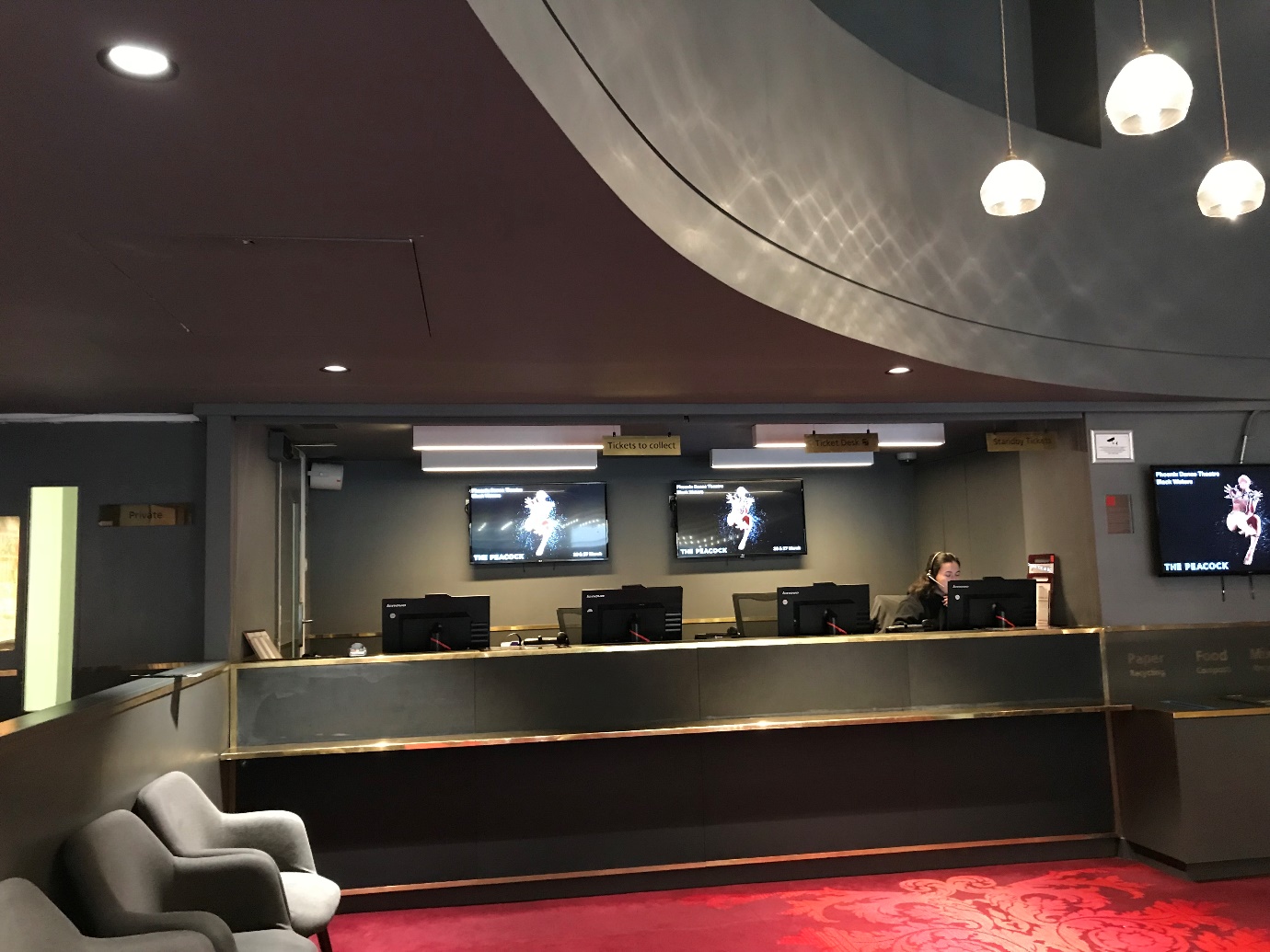 A photo of the Peacock Theatre ticket office desk found in the foyer