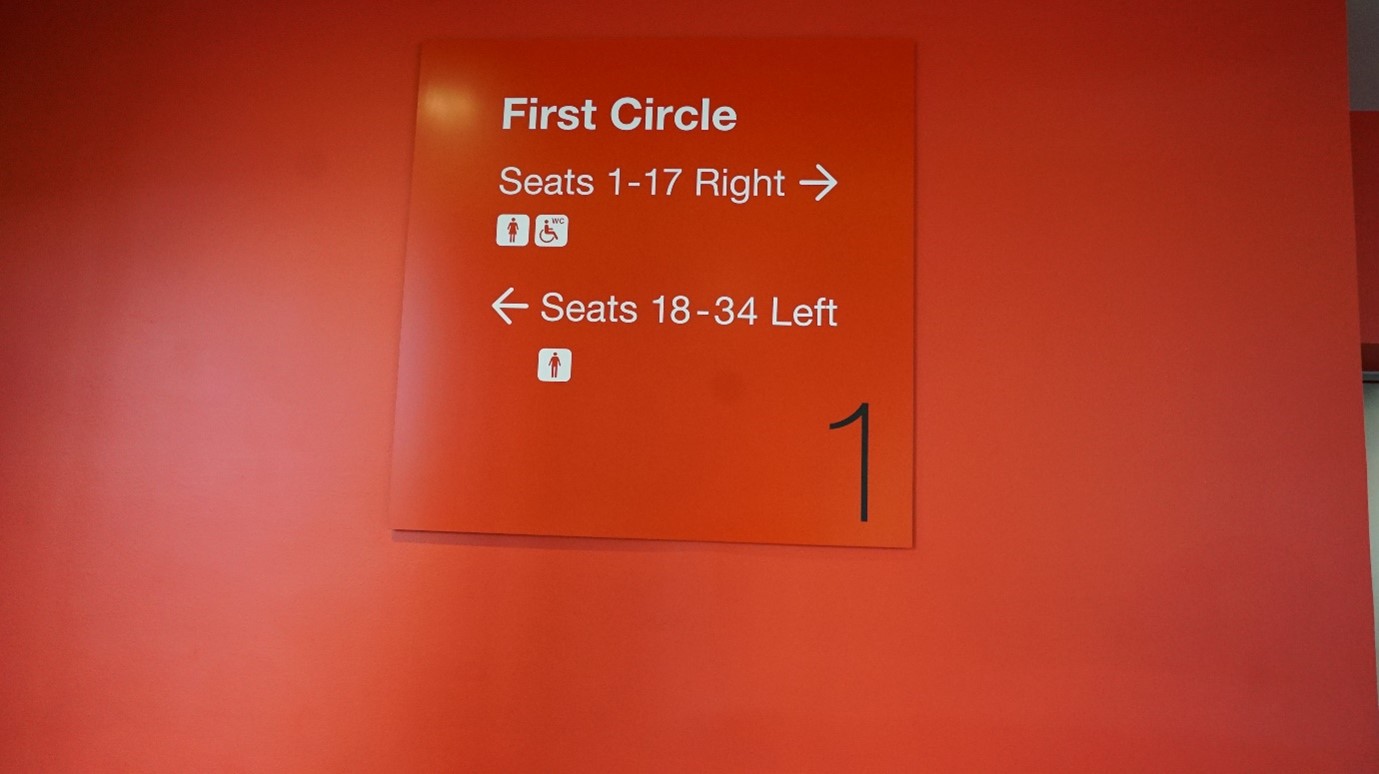 Seating sign for first circle at Sadler's Wells Theatre