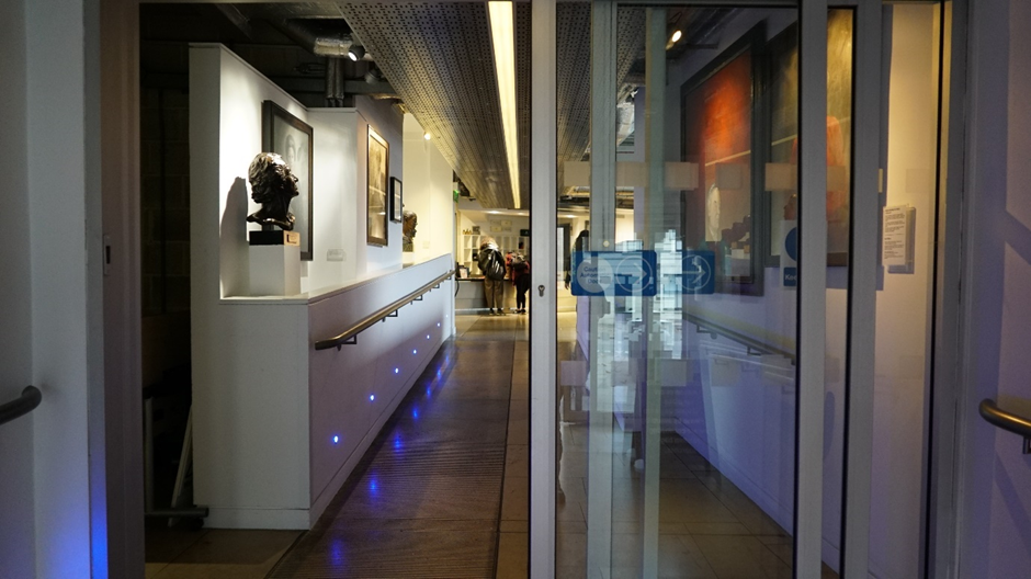 The sliding doors and hallway of the stage door entrance at Sadler's Wells Theatre