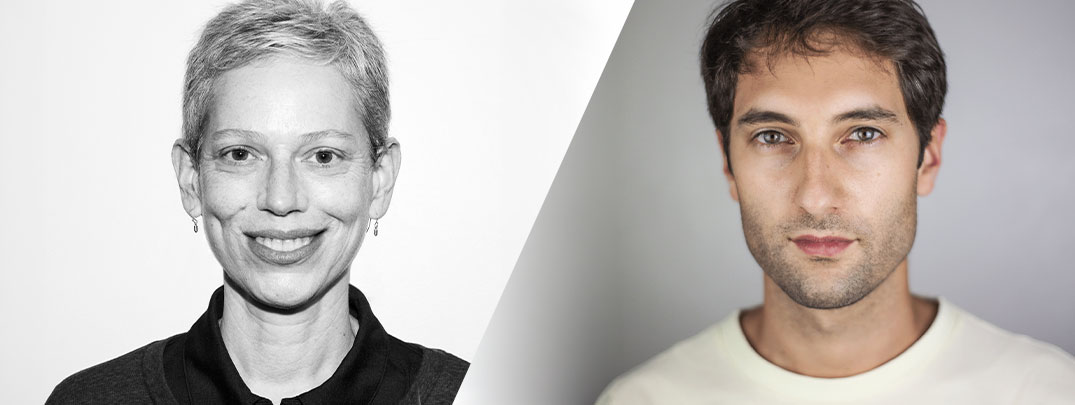 A split image showing two individuals. On the left, a person with short, light hair wearing a dark collared top is photographed against a plain background. On the right, a person with short, dark hair is wearing a light-colored shirt and standing in front of a soft, neutral backdrop.