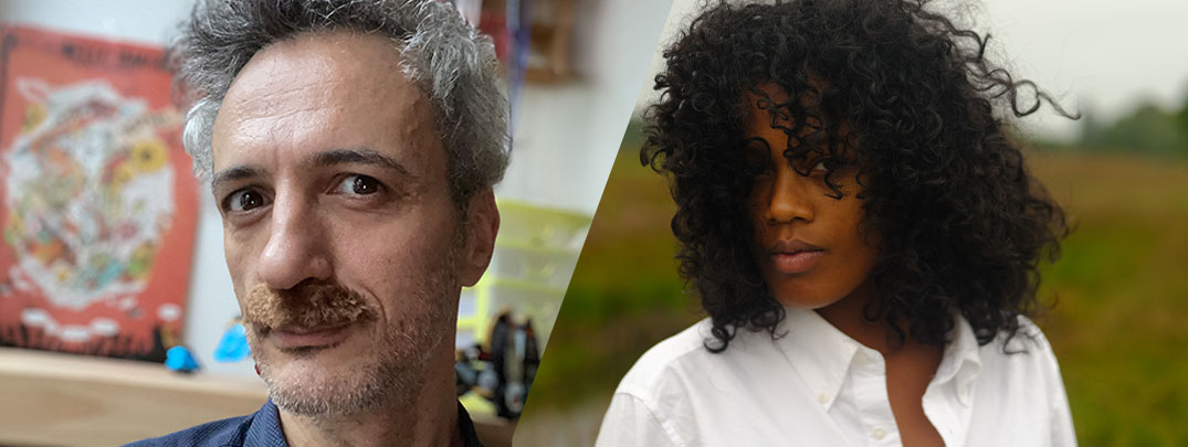 A split image showing two individuals. On the left, a person with short, curly hair is in an indoor setting with colorful artwork and shelves visible behind them. On the right, a person with long, curly hair is outdoors, wearing a light button-up shirt, with a grassy landscape in the background.